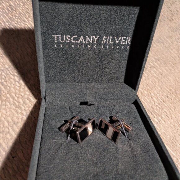 Sterling Silver Onyx and Mother of Pearl Rectangle Cufflinks NEW! - Picture 3 of 4